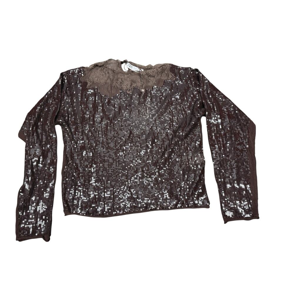 NWT Zara Sequin Lace Boat Neck Top Brown Shimmer Long Sleeve Blouse S - Picture 7 of 11